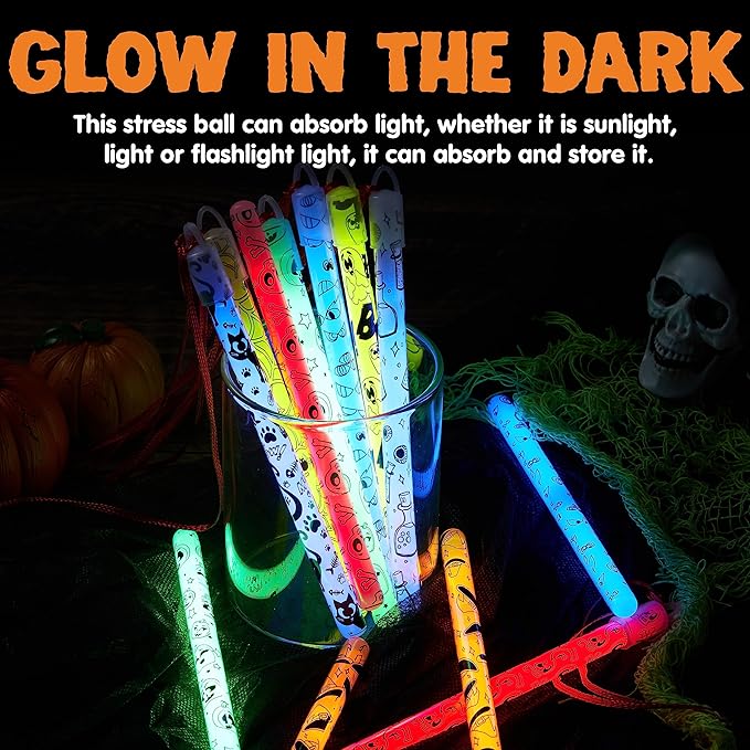 JOYIN 24 Pcs Halloween Glow Stick Hanging Wands in 8 Different Pattern Designs and 6 Colors for Kids Party Favors, Halloween Party Supplies, Glow in the Dark, Goodies Bags Fillers, Non Candy Treats-BubblyBeeBaby