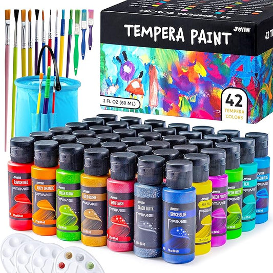JOYIN Washable Tempera Paint Set for Kids 42PCS, Non Toxic Liquid Paint with 15 Brushes and 4 Palettes - Art Supply for Kids for Arts and Crafts Project, Finger Painting (2 oz Each)-BubblyBeeBaby