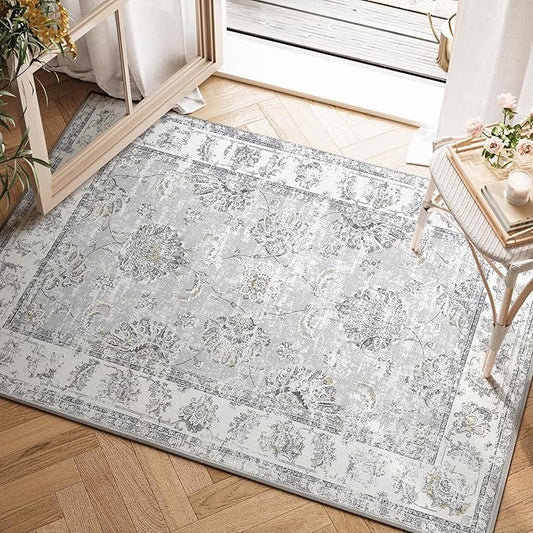 jinchan Floral 2x3 Rugs for Entryway - Vintage Washable Small Non-Slip Distressed Indoor Doormat Ultra-Thin Low-Pile Accent Rug for Entrance Kitchen Bedroom Bathroom (2x3ft,Grey)-BubblyBeeBaby
