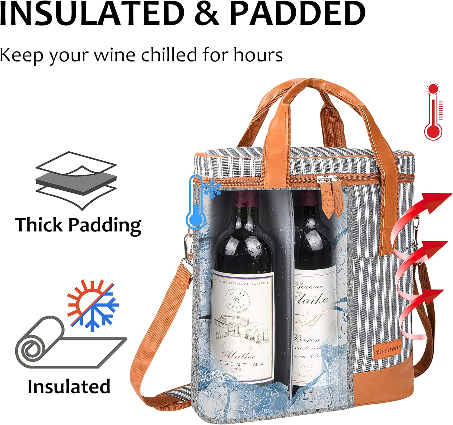Tirrinia Insulated Wine Gift carrier - 3 Bottle Travel Padded Wine Carry Cooler Tote Bag with Handle and Adjustable Shoulder Strap, Black Stripe