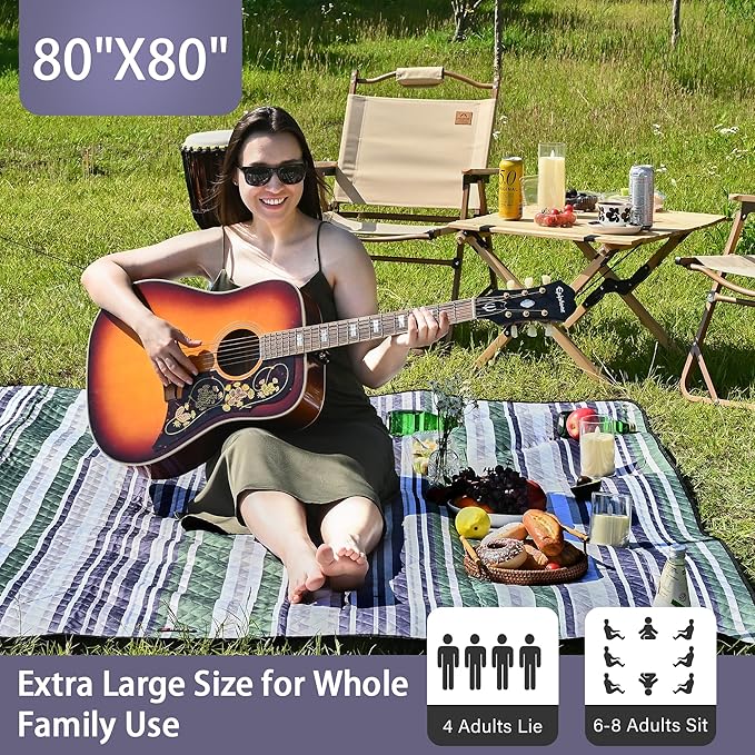 HX&OD Outdoor Picnic Blanket Extra Large, 80''*80' Waterproof Picnic Mat with Stakes Foldable Camping Blanket Portable with Carry Strap for Beach Mat (Green, 80''*80'')-BubblyBeeBaby