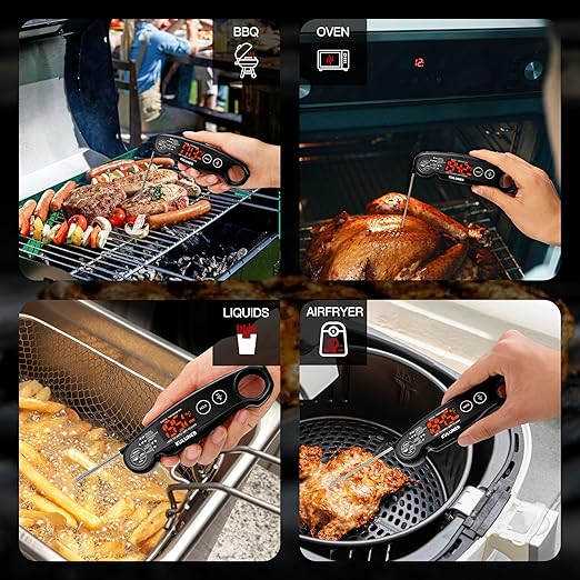 1-Second Rapid and Accurate Meat Thermometer - Waterproof Multifunctional Kitchen Food Thermometer, Ideal for Frying, Smoking, Grilling and More (Black)-BubblyBeeBaby