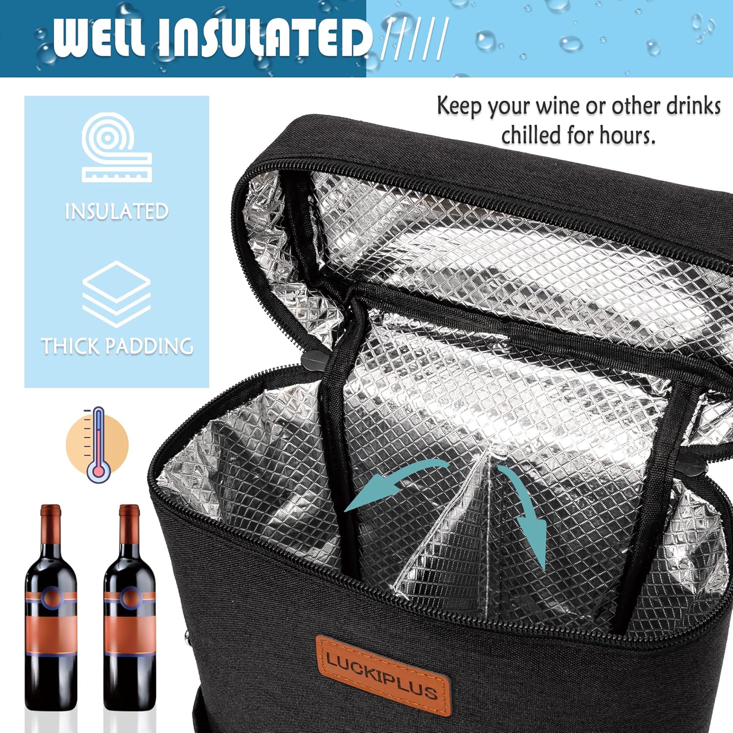 Insulated Wine Carrier Bag for 2 Bottles with Padded Shoulder Strap