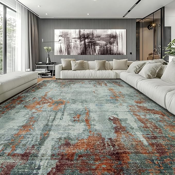 10x14 Area Rugs Large Living Room Rug Washable: Modern Abstract Rug Indoor Modern Carpet Non Slip for Dining Room Bedroom Nursery Home Office Red Brown-BubblyBeeBaby