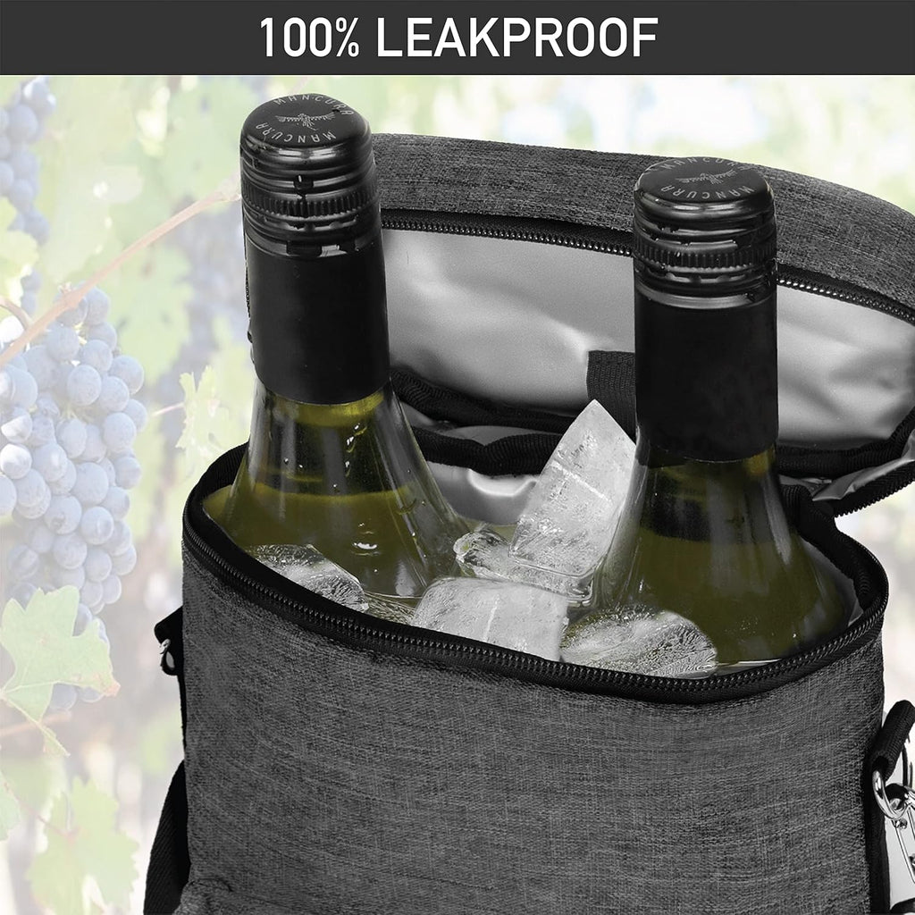 Opux 2 Bottle Wine Tote Carrier, Insulated Cooler Bag for Travel Picnic, Leakproof Padded Case, Wine Gifts for Women & Men, Charcoal Gray