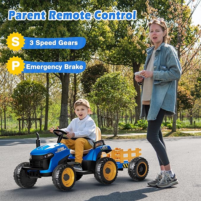 24V Ride On Tractor w/Tiltable & Detachable Trailer, 2x65W Motors, EVA Tires, Remote Control, Bluetooth, Shifter, Music, Electric Car for Kids Ages 2-5, Blue-BubblyBeeBaby