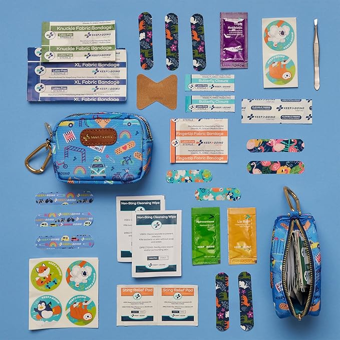 KeepGoing Small Travel First Aid Kit Kids – 60 Pc. Mini First Aid Kit for Purse, Diaper Bag, & Backpack with Latex-Free Bandages – 4 Oz., & 4.5 x 3.5 x 2 in, TSA-Approved-BubblyBeeBaby