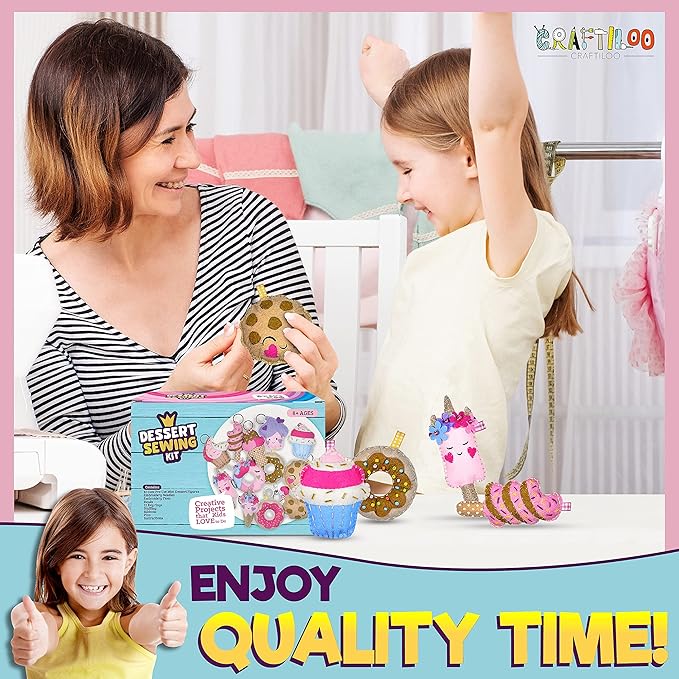 12 Pre-Cut Mini Treats Dessert Fun Kids Sewing Kit for Kids Ages 8-12 Children Beginners Sewing kit kid crafts Make Your Own Felt Pillow Plush Craft Kit Girls and Boys Art Craft Kits Learn to Sew Kit-BubblyBeeBaby