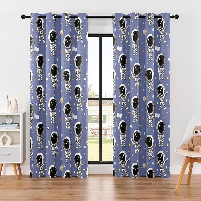 Kids Astronaut Blackout Curtains - 100% Blackout, Thermal Insulated, Noise Reducing, Perfect for Kids Room and Nursery, 2 Panels (Spacewalk Buddies, W52×L84)-BubblyBeeBaby
