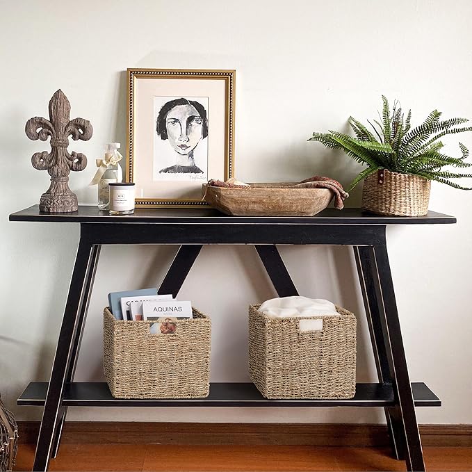 12x12x10in Seagrass Storage Baskets Set of 2, Large Wicker Storage Basket, Decorative Seagrass Shelf Basket, Pantry Baskets Organization,Folding Storage Cube Bins-BubblyBeeBaby