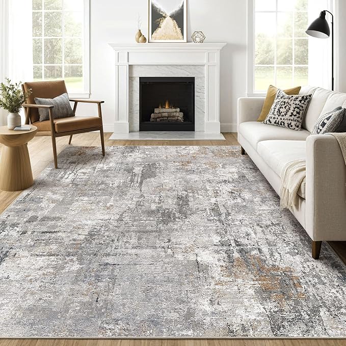 10x12 Area Rug Living Room: Washable Large Abstract Modern Soft Rugs Stain Resistant Indoor Floor Non Slip Accent Carpet for Bedroom Nursery Playroom Office Dining Room Dorm Home House- Gray Rust-BubblyBeeBaby