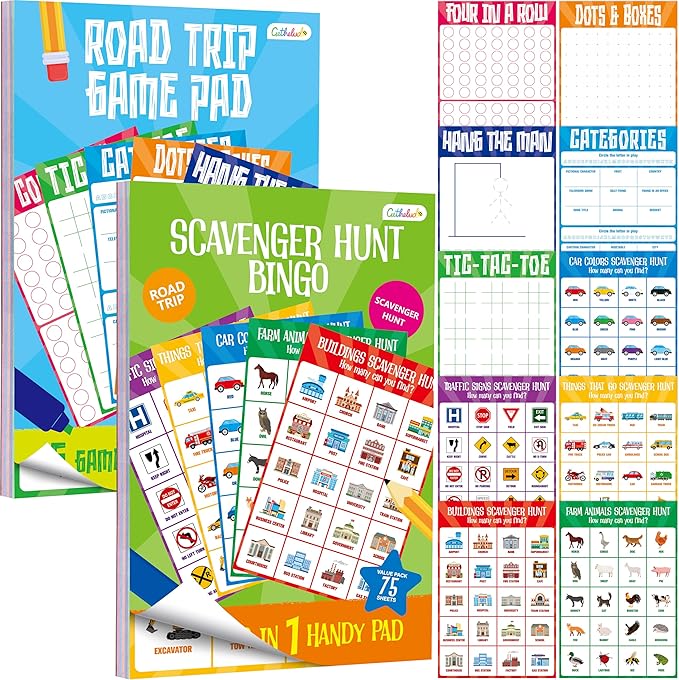2 Pack Road Trip Game Pads, 10 Games (Categories, Dot & Boxes, Tic-tac-Toe, Scavenger Hunt Bingo), Pen Pencil Paper Game, Plane Trip/Car Travel/Getaway Activity Pad for Kid, Adult-BubblyBeeBaby