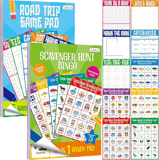 2 Pack Road Trip Game Pads, 10 Games (Categories, Dot & Boxes, Tic-tac-Toe, Scavenger Hunt Bingo), Pen Pencil Paper Game, Plane Trip/Car Travel/Getaway Activity Pad for Kid, Adult-BubblyBeeBaby