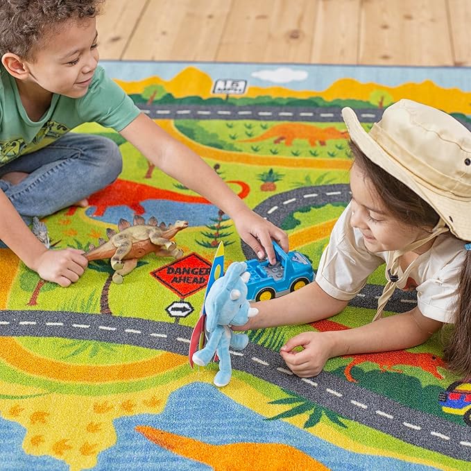 KC Cubs 3x5 Dinosaur Toy Car Dino Road Rug – Educational Play Mat Carpet for Kids, Toddlers, Nursery, Classroom, Playroom, Baby Daycare, Boys & Girls-BubblyBeeBaby
