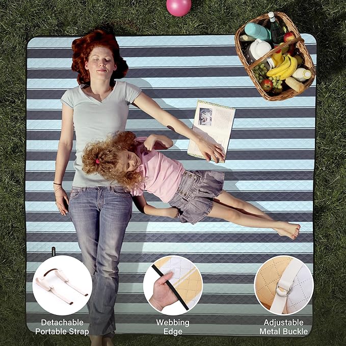 HX&OD Extra Large Picnic Outdoor Blanket, 80”x80” Waterproof Picnic Mat Foldable Camping Blanket Portable with Carry Strap for Beach Mat Outdoor Camping Party(Grey&Green)-BubblyBeeBaby