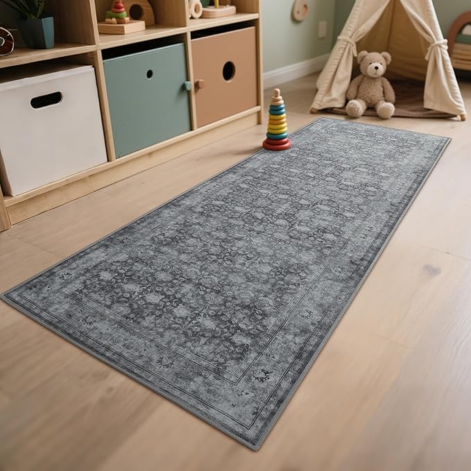 2'6"x8' Washable Runner Rug for Hallway, Non Slip Vintage Floral Long Carpet Runners for Entryway, Kitchen, Bathroom, Bedroom, Low Pile Laundry Rugs with Rubber Backing (Distressed Grey)-BubblyBeeBaby