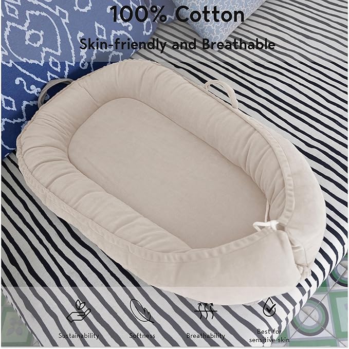 Infant Lounger, Baby Nest Cover for Baby Girls & Boys, Newborn Essentials for Baby 0-18+ Months, 100% Cotton Breathable(CreamyWhite, Corduroy)-BubblyBeeBaby