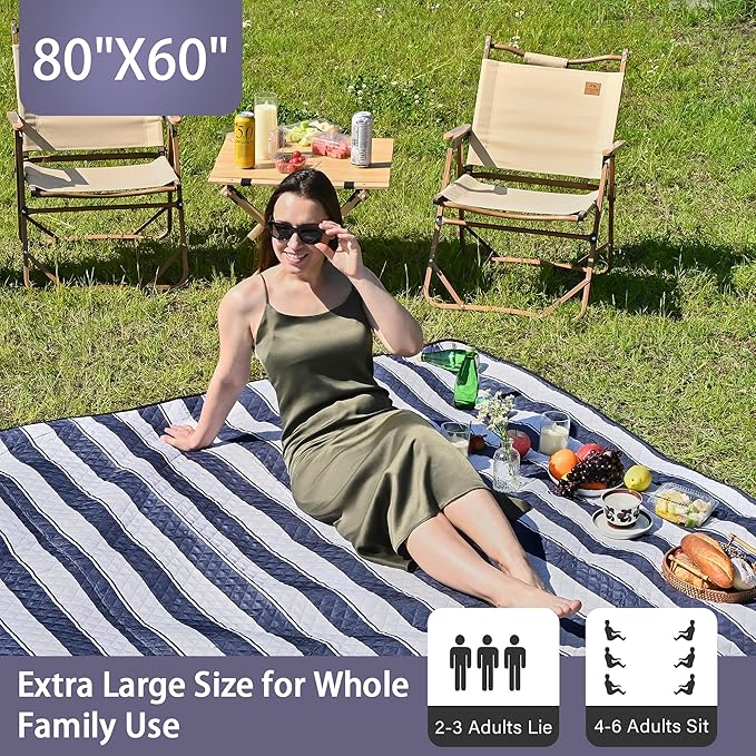 HX&OD Outdoor Picnic Blanket Extra Large, 80''*60'' Waterproof Picnic Mat with Stakes Foldable Camping Blanket Portable with Carry Strap for Beach Mat (Green& White, 80''*60'')-BubblyBeeBaby