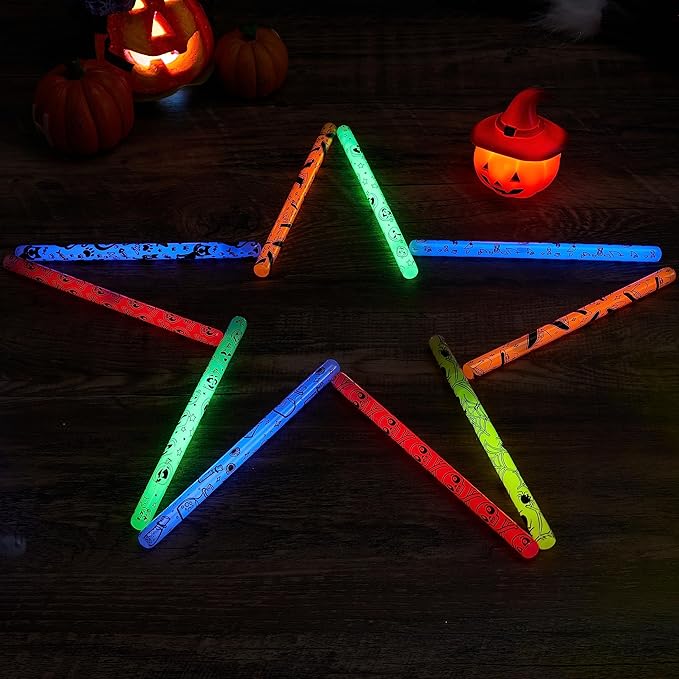 JOYIN 24 Pcs Halloween Glow Stick Hanging Wands in 8 Different Pattern Designs and 6 Colors for Kids Party Favors, Halloween Party Supplies, Glow in the Dark, Goodies Bags Fillers, Non Candy Treats-BubblyBeeBaby