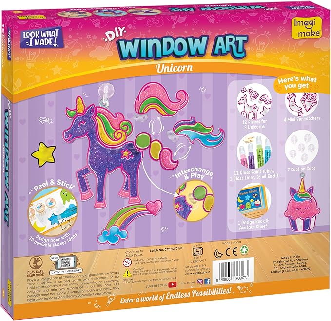 Imagimake Window Art Unicorn | Stained Glass Kit | Unicorn Girls Toys Age 6-8 | 6 Year Old Girl Birthday Gift | Art and Crafts for Girls 8-12 | DIY Suncatcher Kit for 5,6,7,8,9,10,11,12 Year Old Kids-BubblyBeeBaby