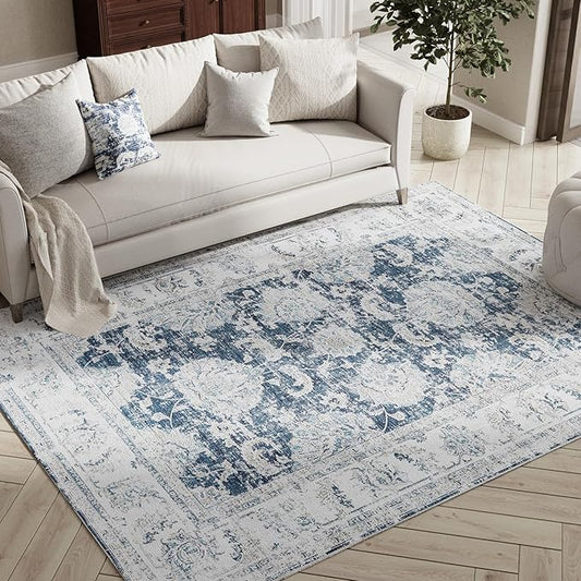 jinchan 4x6 Area Rugs for Bedroom - Machine Washable Distressed Vintage Floral Design Stain Resistant Boho Carpet Ultra-Thin Low Pile Non-Slip Rug for Living Room Dining Room Kitchen (4‘x6',Dark Blue)-BubblyBeeBaby