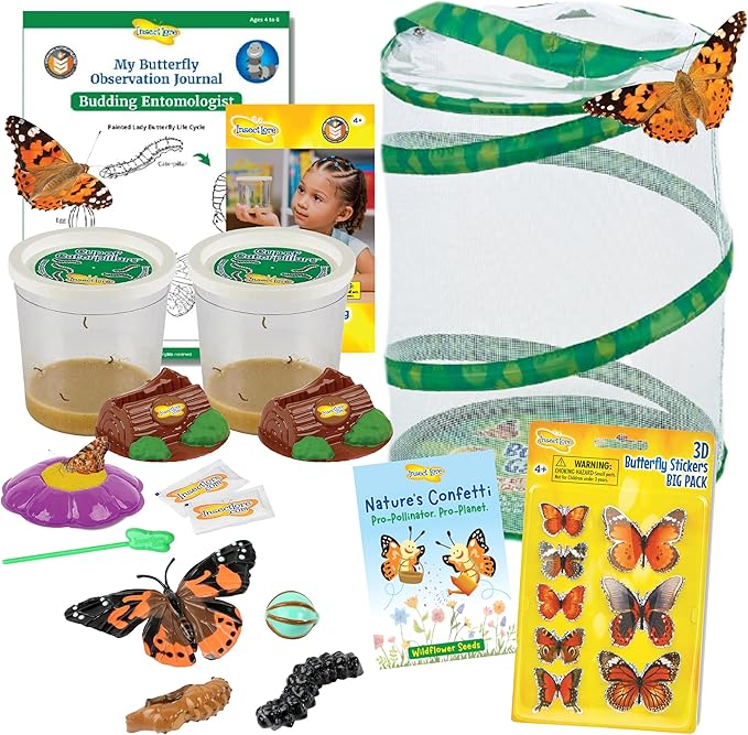 Insect Lore Butterfly Garden Kit with Live Caterpillars – Grow 10 Painted Lady Butterflies - STEM Learning Activity, Habitat with Journal, Stickers, Seeds & Figurines - As Seen on TV-BubblyBeeBaby