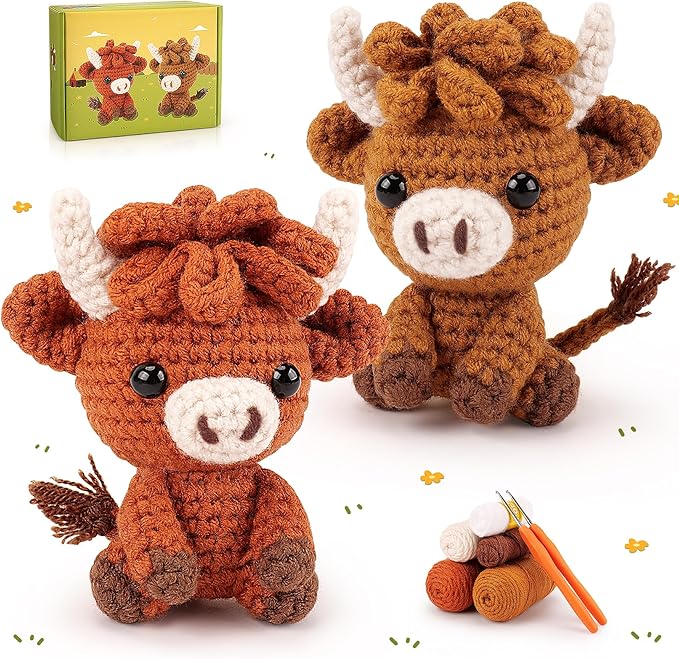 Highland Cow Crochet Kit for Beginners - 2PCS Animals Crochet Kit with Step-by-Step Video Tutorials, Highland Cows Crocheting Kit, Crochet Starter Kit for Kids and Adults, Stuffed Animal Knitting Kit-BubblyBeeBaby