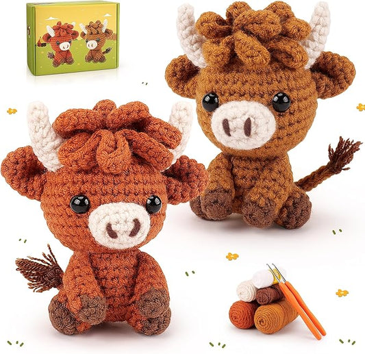 Highland Cow Crochet Kit for Beginners - 2PCS Animals Crochet Kit with Step-by-Step Video Tutorials, Highland Cows Crocheting Kit, Crochet Starter Kit for Kids and Adults, Stuffed Animal Knitting Kit-BubblyBeeBaby