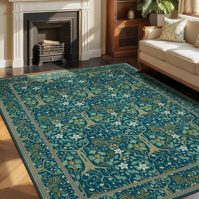 Joydeco Washable Large Area Rug 8x10, Boho Floral Rugs for Living Room Non Slip, Soft Low-Pile Botanical Forest Indoor Floor Throw Carpet for Dining Home Office Playroom, Dark Blue-BubblyBeeBaby