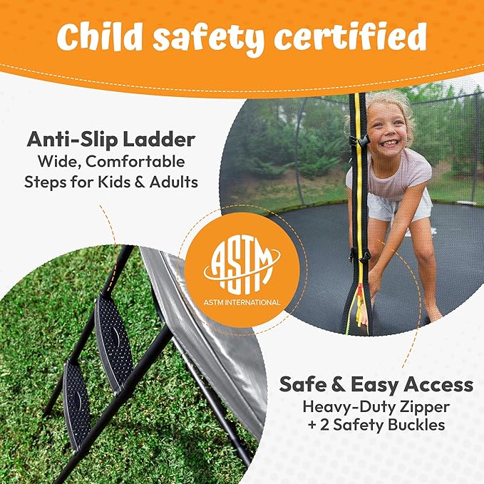 JUMPZYLLA Trampoline Outdoor 8FT 10FT 12FT 14FT 15FT 16FT with Enclosure and Ladder, ASTM Approved Recreational Trampoline for Kids and Adults, Anti-Rust Coated Frame-BubblyBeeBaby