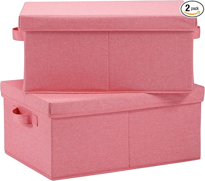 HOONEX Linen Foldable Storage Bins with Lids, 2 Pack, Storage Boxes with Carrying Handles and Sturdy Heavy Cardboard, 16.5" L x 11.8" W x 7.5" H for Shoes, Books, Clothes, Nursery, Pink-BubblyBeeBaby