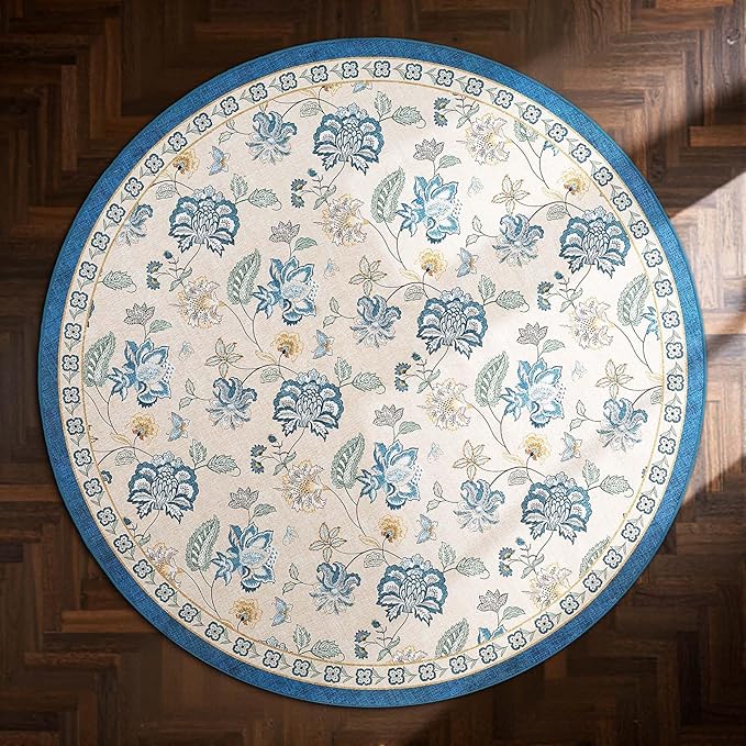 jinchan 5ft Floral Round Rug for Entryway Washable Kitchen Rug Vintage Romance Design Non Slip Indoor Doormat Lightweight Low-Profile Throw Carpet for Living Room Dining Room Bedroom, Blue/Beige-BubblyBeeBaby