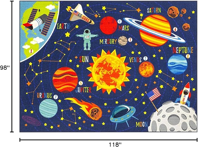 KC Cubs 8x10 Outer Space Solar System Toy Car Road Rug – Educational Play Mat Carpet for Kids, Toddlers, Nursery, Classroom, Playroom, Baby Daycare-BubblyBeeBaby