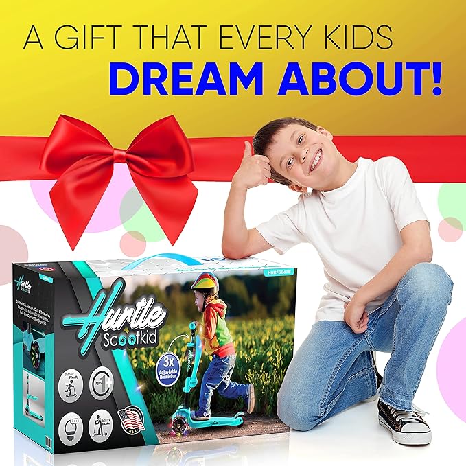 Hurtle 3-Wheeled Scooter for Kids - Wheel LED Lights, Adjustable Lean-to-Steer Handlebar, and Foldable Seat - Sit or Stand Ride with Brake for Boys and Girls Ages 1-14 Years Old-BubblyBeeBaby