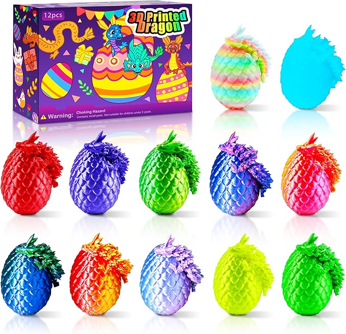 12PCS 3D Dragon Eggs with Dragon Inside, Easter Basket Stuffers Mini Easter Egg Set Articulated Unique Easter Basket Essentials for Adults Kids-BubblyBeeBaby