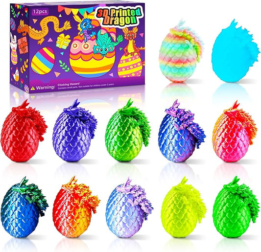 12PCS 3D Dragon Eggs with Dragon Inside, Easter Basket Stuffers Mini Easter Egg Set Articulated Unique Easter Basket Essentials for Adults Kids-BubblyBeeBaby