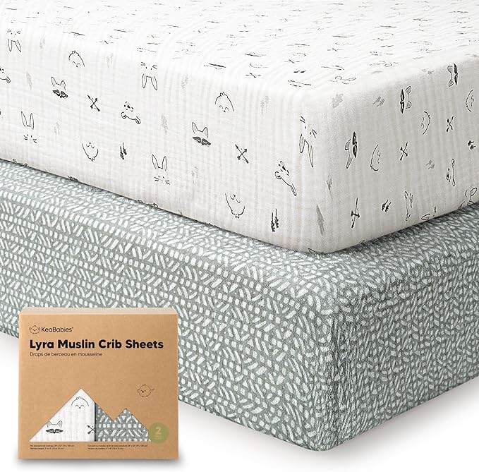 KeaBabies 2-Pack Muslin Crib Sheets for Boys, Girls - 100% Organic Cotton Fitted Baby Crib Mattress Sheet, Soft Breathable Standard Toddler Bed Cover Bedding Set, Neutral, Durable 52x28 (Nordic)-BubblyBeeBaby