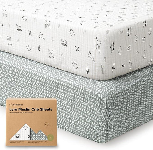 KeaBabies 2-Pack Muslin Crib Sheets for Boys, Girls - 100% Organic Cotton Fitted Baby Crib Mattress Sheet, Soft Breathable Standard Toddler Bed Cover Bedding Set, Neutral, Durable 52x28 (Nordic)-BubblyBeeBaby