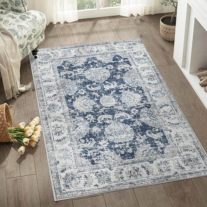 jinchan Floral 3x5 Area Rugs for Entryway - Machine Washable Taupe Vintage Distressed Design Doormat Non-Slip Ultra-Thin Low Pile Boho Rug for Kitchen Living Room Bedroom Farmhouse (3‘x5',Dark Blue)-BubblyBeeBaby
