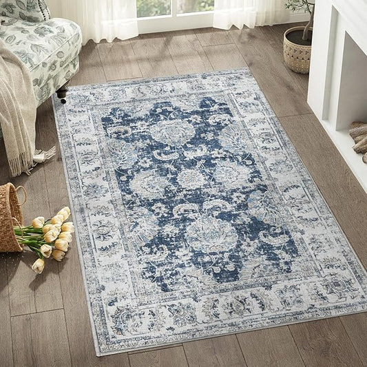 jinchan Floral 3x5 Area Rugs for Entryway - Machine Washable Taupe Vintage Distressed Design Doormat Non-Slip Ultra-Thin Low Pile Boho Rug for Kitchen Living Room Bedroom Farmhouse (3‘x5',Dark Blue)-BubblyBeeBaby