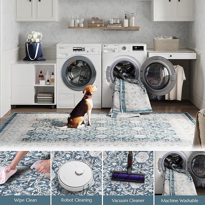 jinchan Floral 2x3 Rugs for Entryway - Machine Washable Dark Blue Vintage Distressed Boho Design Soft Faux Wool Small Non-Slip Doormat for Entrance Kitchen Living Room Bedroom (2‘x3',Dark Blue)-BubblyBeeBaby