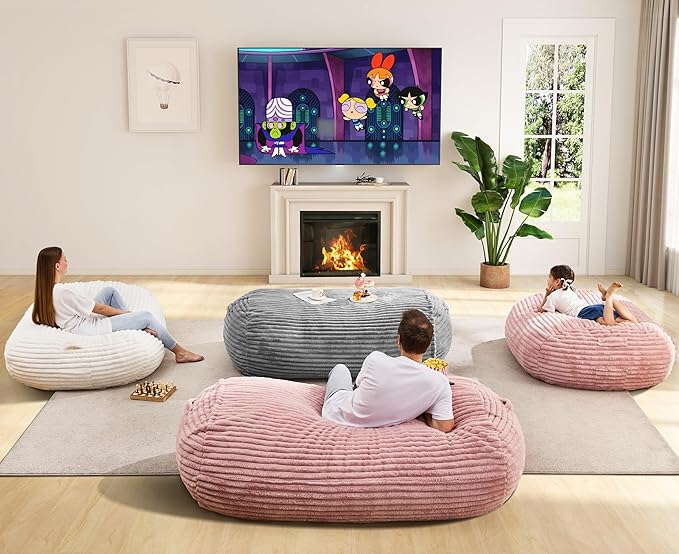 Hobestluk 6FT Bean Bag Chairs Adult Bean Bag with Portable Handle Comfy Large Bean Bag Lounge Chair with Removable Cover for Living Room Bedroom (Stripe White, 6FT)-BubblyBeeBaby