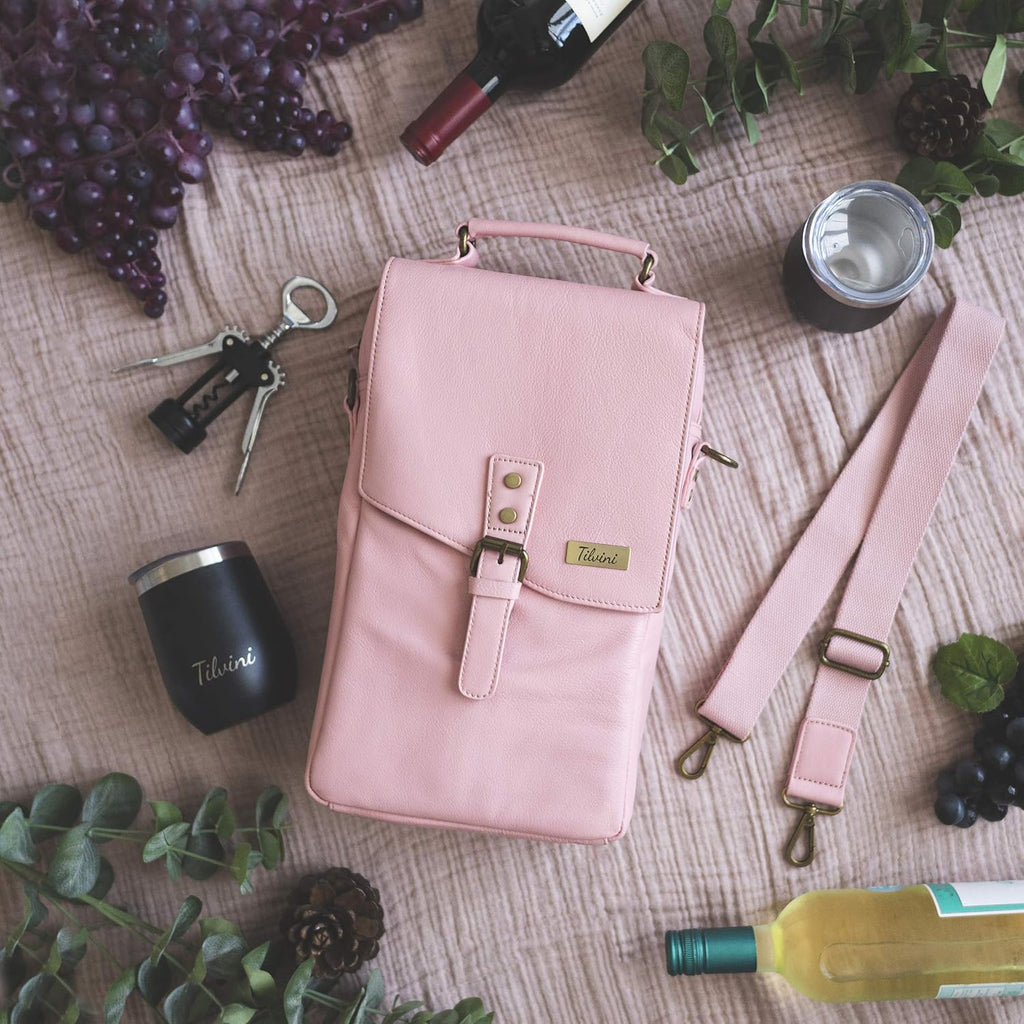 Insulated Genuine Leather Wine Bag With 2 Wine Tumblers. Best Travel Gifts For Women Wine Lovers. Wine Cooler Bag 2 Bottle Wine Carrier Set. Mom Birthday Gift Party Wife Picnic Pink Tote