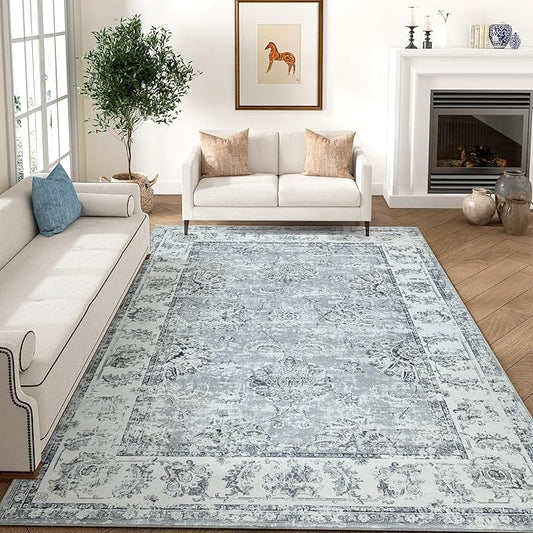 jinchan Washable Area Rug 8x10 for Living Room Soft Faux Wool Ultra-Thin Stain Resistant Non-Slip Distressed Vintage Floral Large Carpet for Bedroom,Dining Room,Home Office,Nursery(Grey, 8'x10')-BubblyBeeBaby