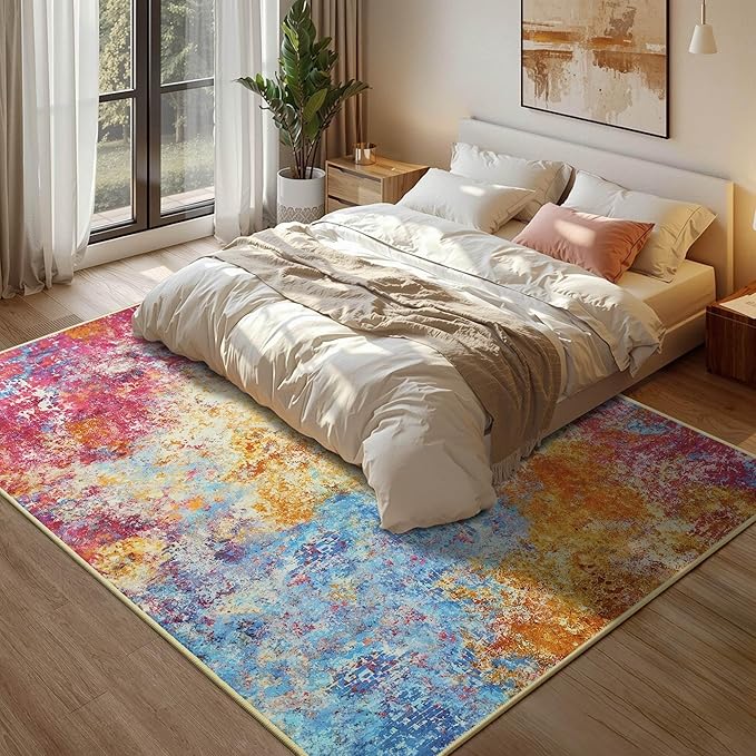Kelarea Living Room Rug, 5x7 Modern Abstract Washable Rugs, Colorful Non Slip Low Pile Carpet, Stain Resistant Rugs for Bedroom, Dining Room, Nursery, Home Office-BubblyBeeBaby