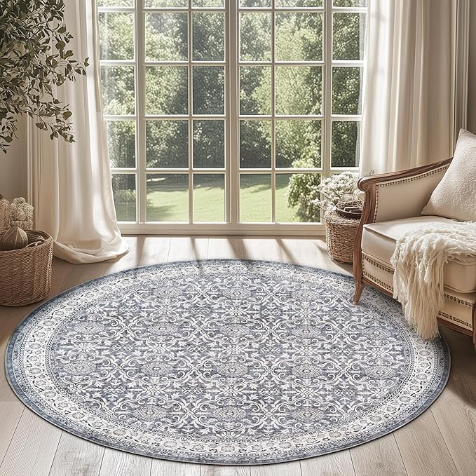 jinchan Round Rug 6ft Washable Circle Soft Rug - Low Pile Vintage 6'Round Indoor Grey Floral Print Stain Resistant Boho Carpet Ultra-Thin Non-Slip for Living Room Nursery Bedroom Dining Room Kitchen-BubblyBeeBaby