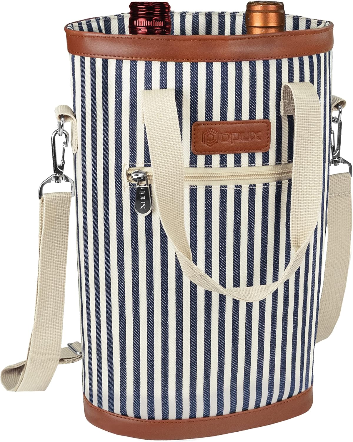 opux Two Bottle Wine Bag Carrier Tote, Insulated Leakproof 2 Bottle Wine Cooler Bag for Travel BYOB Picnic, Portable Wine Case, Gift for Men Women Wine Lover Birthday Party Christmas, Navy Stripes