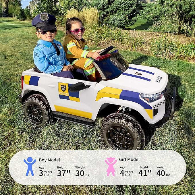 12V 7Ah Electric Police Car Ride on Toy for Big Kids, 2 Seater Kids Ride on Car SUV w/Remote Control, Bluetooth - White-BubblyBeeBaby