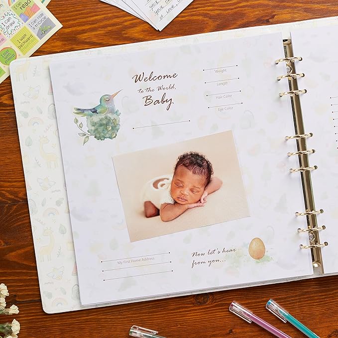 Keepsake Baby Memory Book Girl Boy – Timeless Leather-Bound Baby Milestone Book – Baby Book Keepsake Record First 5 Years – Gender Neutral Baby Scrapbook Album Baby Album Journal Registry Search Gift-BubblyBeeBaby