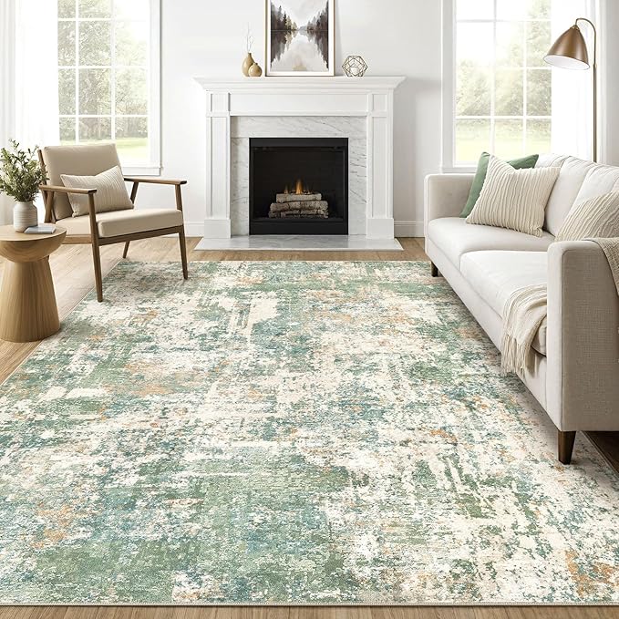 10x12 Area Rugs Living Room: Washable Large Abstract Soft Green Rug Stain Resistant Indoor Floor Non-Slip Accent Carpet for Men Modern Home Enthusiasts Aged 25-45 - Bedroom Office Playroom-BubblyBeeBaby